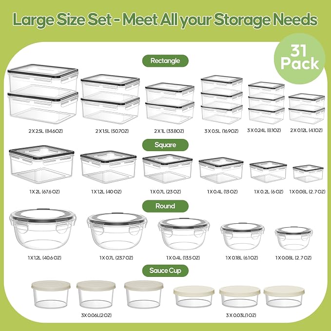 62 PCS Large Food Storage Containers with Lids (31 Lids & 31 Containers) | 85 OZ Airtight Reusable Plastic Leakproof Meal-Prep Container for Kitchen Storage Organization Microwave/Dishwasher Safe