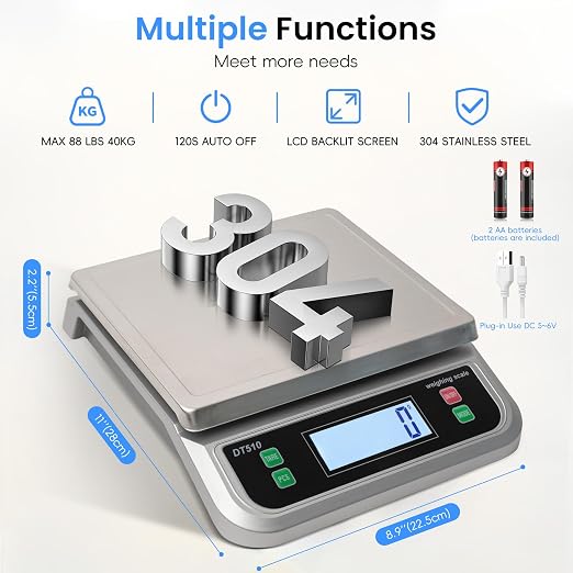 88lb Food Scale Stainless Steel with 6 Unit and Tare PCS Funtion | Commercial Kitchen Scale, with Full View LCD Display Large Kitchen Scale for Baking, Cooking, flour, fruits Silver