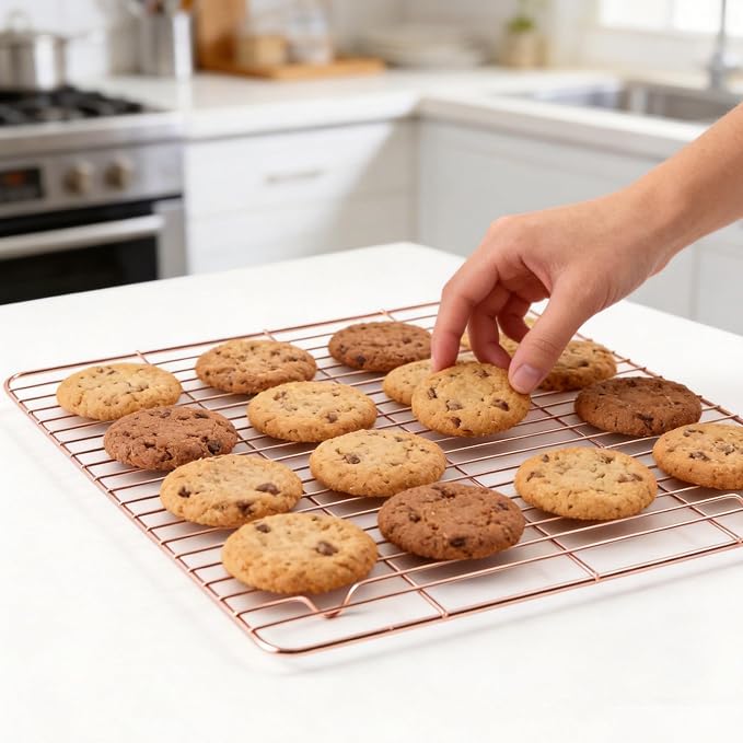 2 Pack Rose Gold Cooling Racks for Baking - 11x11 Inch Square Stainless Steel Wire Rack for Cookies, Cake, Meat - Oven Safe Kitchen Cooling Grid