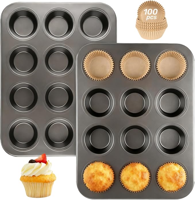 Artcochan 2 Pack Muffin Pan with 100 Cupcake Liners, 12 Cup Nonstick Cupcake Pan for Baking, Carbon Steel Baking Supplies Muffin Tin