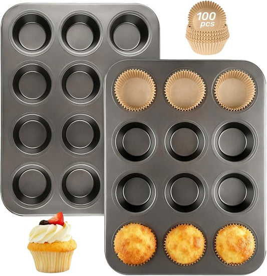 Artcochan 2 Pack Muffin Pan with 100 Cupcake Liners, 12 Cup Nonstick Cupcake Pan for Baking, Carbon Steel Baking Supplies Muffin Tin