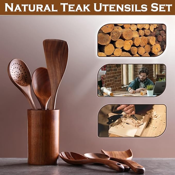 6-Piece Teak Wood Cooking Utensil Set, Wooden Spoons for Cooking | Durable, Non Toxic, Non-Stick, Smooth Finish, Easy to Clean, Comfort Grip, House Warming Gift