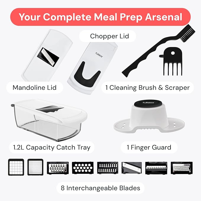Fullstar Pro Original Vegetable Chopper & Mandoline - Chopper & Mandoline Lids - Food Chopper with Container, Fruit Slicer, Onion Dicer - All-in-One Prep Tool - Kitchen Gadgets & Gifts (8 in 1, White)