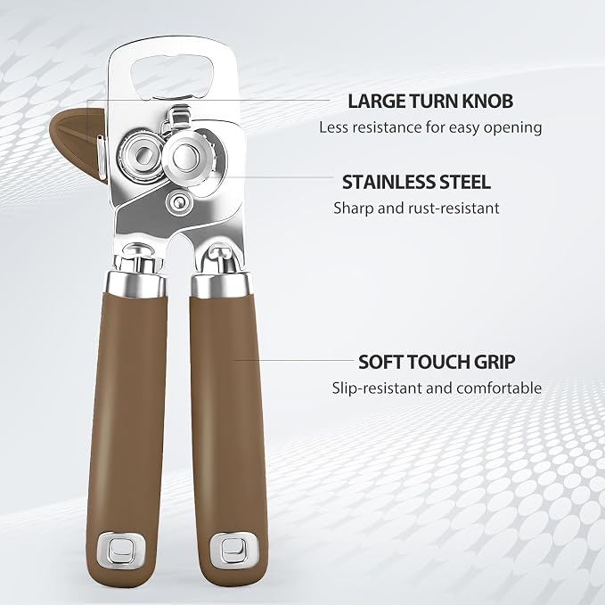 Safring Can Opener Manual, Heavy Duty Stainless Steel Smooth Edge Can Opener With Soft Touch Handle, Oversized Handheld Easy Turn Knob, Multi-Function Bottle Opener, Coffee