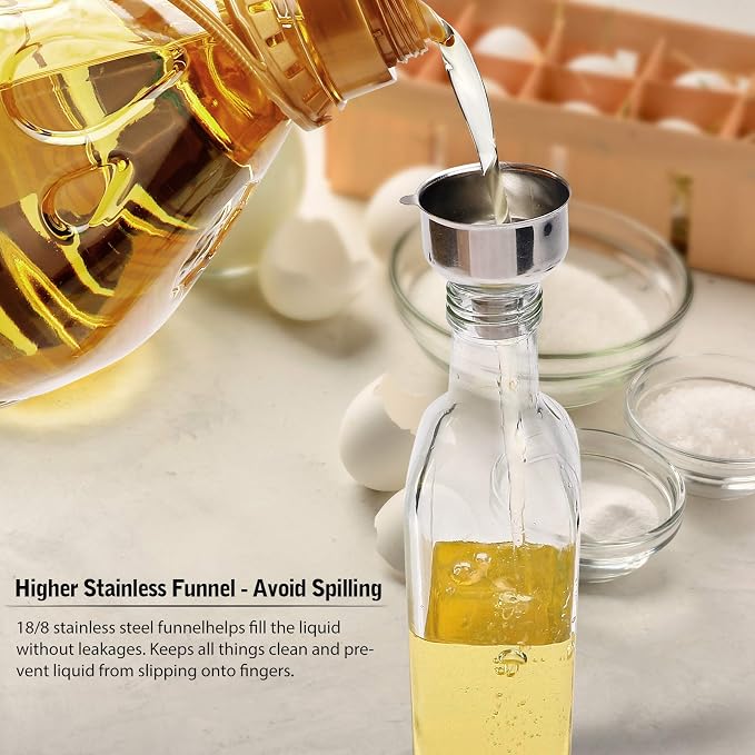 BAKHUK Glass Oil Dispenser Bottles for Kitchen, 17oz Olive Oil Bottle with Stainless Steel Funnel and Pour Spouts, Olive Oil Dispensing Vinegar Cruet Set, 3 Pack