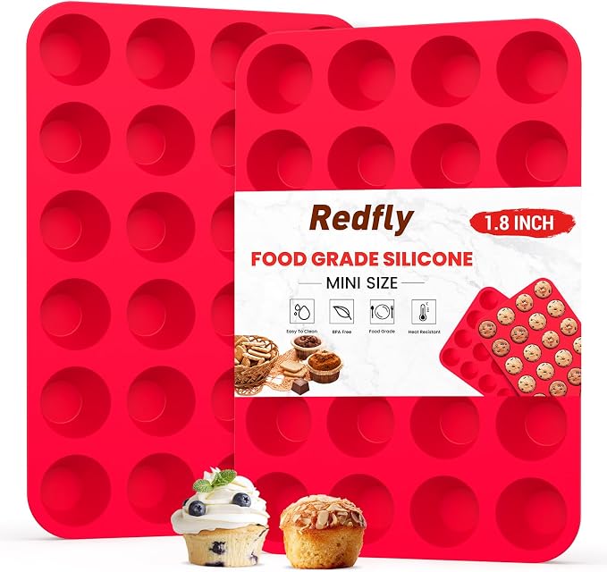 Redfly 2 Pack Silicone Mini Muffin Pan & Cupcake Pans for Baking - 24 Cup Mini Size BPA Free Egg Bites Molds
