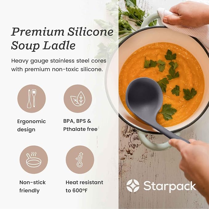 Starpack 'Ladle of Love' XL Premium Silicone Ladle Spoon - Up-to 600°F High Heat Resistant Soup Ladles - Kitchen Ladles for Serving, Non Stick Silicone Spoons, LFGB Grade Cooking Spoon - Gray Black