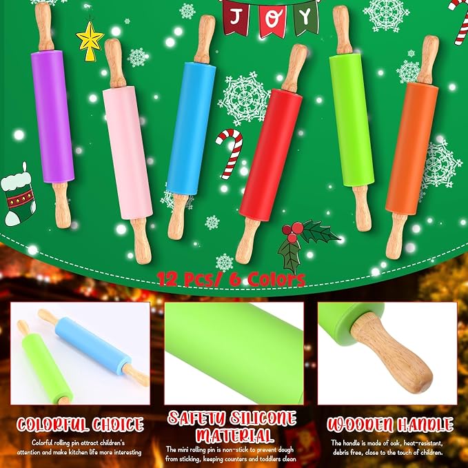 Dandat 12 Pcs Small Rolling Pin Kids 12 Inch Mini Silicone Rolling Pin for Baking Non Stick Kids Dough Roller with Wooden Handle for Kitchen Cookie Pastry Fondant Cake 6 Colors