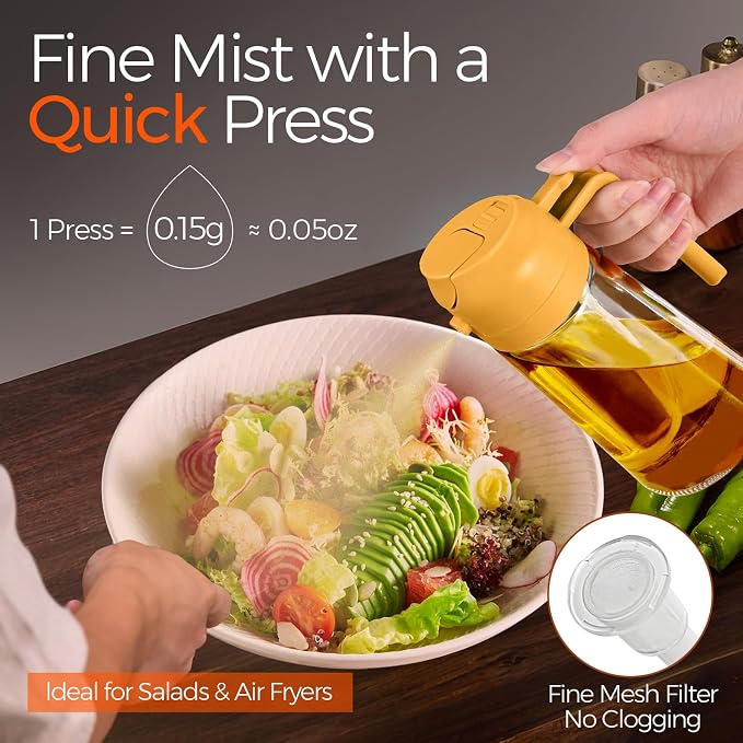 YARRAMATE 16 oz 2-in-1 Glass Olive Oil Sprayer for Cooking, Orange | Food-grade dispenser bottle, 470 ml, spray and pour, portion control, stickers included, for salad, frying and BBQ
