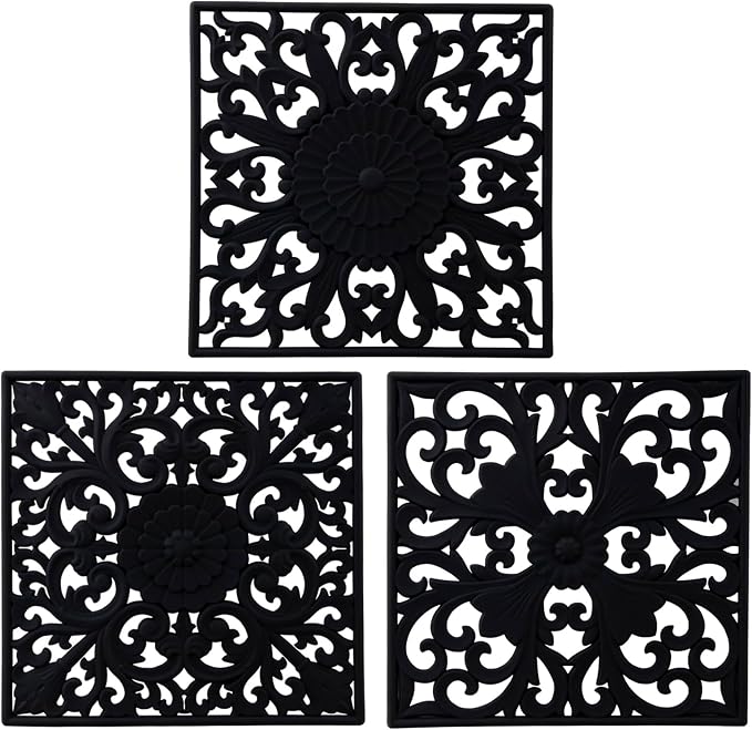 Silicone Trivets for Hot Dishes, Square Trivet Hot Pads for Kitchen Counter, Silicone Trivets for Hot Pots and Pans, Heat Resistant Mat for Quartzs, Kitchen Tabletops Pot Holder Set 3 Black