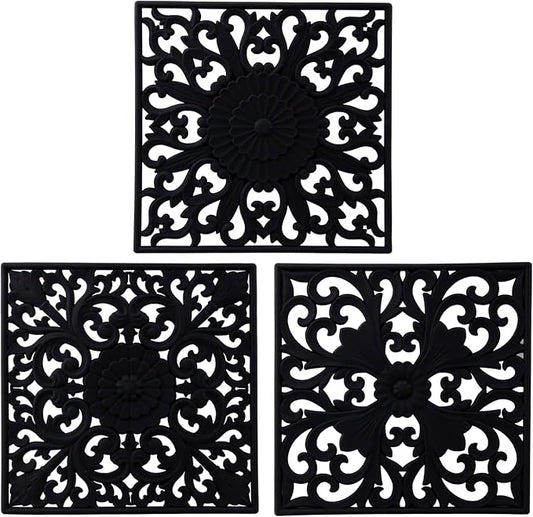 Silicone Trivets for Hot Dishes, Square Trivet Hot Pads for Kitchen Counter, Silicone Trivets for Hot Pots and Pans, Heat Resistant Mat for Quartzs, Kitchen Tabletops Pot Holder Set 3 Black