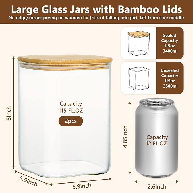 KEYWING 115oz Square Glass Storage Containers with Lids for Flour, 2 Pack | Large Airtight Glass Jar with Bamboo Lids for Sugar, Rice, Cereal, Pasta & Coffee Beans