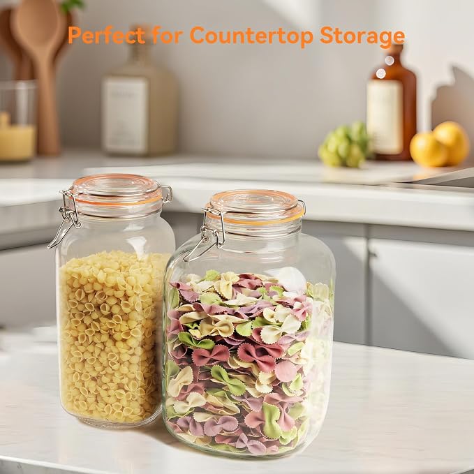 Glass Storage Jars with Airtight Lids - 2 Pack 67 Oz Food Containers Large Wide Mouth Kitchen Pantry Canisters Mason Jar for Flour Sugar Coffee Cookies Cereal Rice