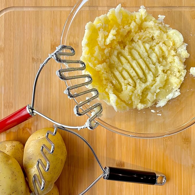 Potato Masher, Mashed Potato Masher Stainless Steel, Sturdy Masher Kitchen Tool for Potatoes, Avocado, Bean, Available for dishwasher - (Red)