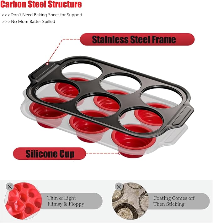 Muffin Pan, 6-Cup Nonstick Silicone Muffin Pans for Baking, Food-Grade Cupcake Pan for Oven, Microwave, Dishwasher Safe, BPA-Free Silicone Baking Mold for Muffins, Cupcakes, Egg Muffins