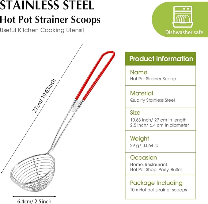 Geiserailie 10 Pieces Hot Pot Kit Strainer Scoops Stainless Steel 2.5 Inch Mini Spider Strainer Skimmer Pasta Mesh Spoon Asian Skimmer Spoon Ladle with Handle for Home (Red)