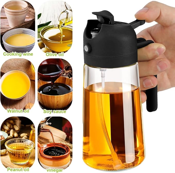 4 Pack 16oz/470 ml Olive Oil Dispenser Bottle 2 in 1 Clear Glass Oil Sprayer and Container Refillable Vinegar Dispenser with Automatic Cap Portable Spray Bottle for Cooking Baking Black