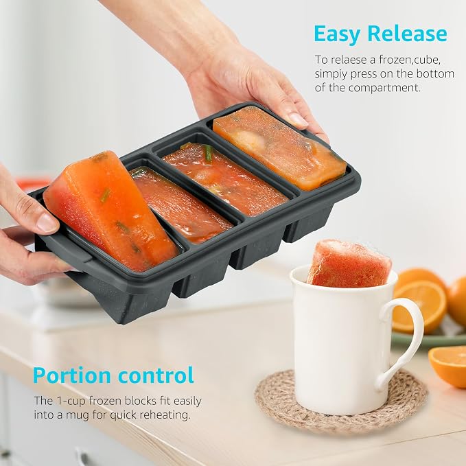 Ztomine Silicone Freezer Tray With Lid - Silicone Freezer Food Molds- Large Ice Cube Tray,Silicone Freezer Container,Freeze & Store Soup, Sauce, Broth,Leftovers - Makes 4 Perfect 1 Cup