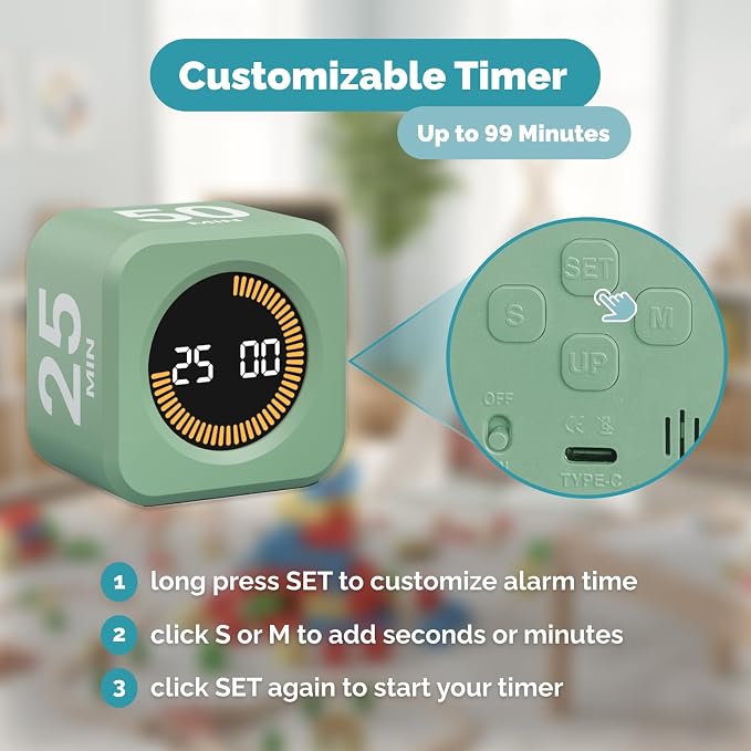 KADAMS Pomodoro Timer – Visual Timer Cube, LED Countdown Ring & Count Up Mode, Silent Flip Productivity Timer for Study, Classroom, Office, Cooking (Green 5-10-25-50 min)