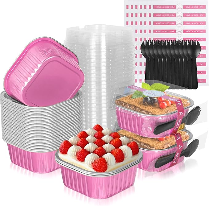 10oz Aluminum Foil Brownie Pans with Lids, 40 Pack Square Cake Pans, Disposable Ramekins Cupcake Cups Containers,Mini Cake Baking Pans,Large Muffin Tin Holder for Catering Gathering - Pink