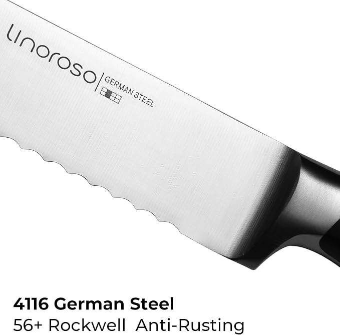 linoroso Serrated Bread Knife for Homemade Bread with Elegant Gift Box, Full Tang Ultra Sharp Forged German Carbon Stainless Steel Bread Knife 8 inch for Slicing Bread, Bagels, Cake - Classic Series
