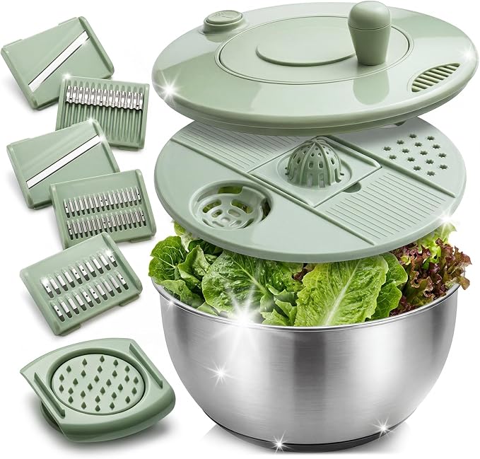 Salad Spinner with Slicer & Grater: Stainless Steel Salad Spinner, Lettuce Spinner with Drain, Non-Slip Base,Stop Button,Vegetable Dryer with 3 Blade Slicers, 1 Egg Yolk, 2 Strainer Shredders, 5.3 Qt