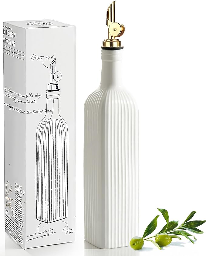 getstar 18 OZ Olive Oil Dispenser Bottle For Kithen with Golden Pourer | Ceramic, Automatic Stainless Steel Pourer, For Kitchen