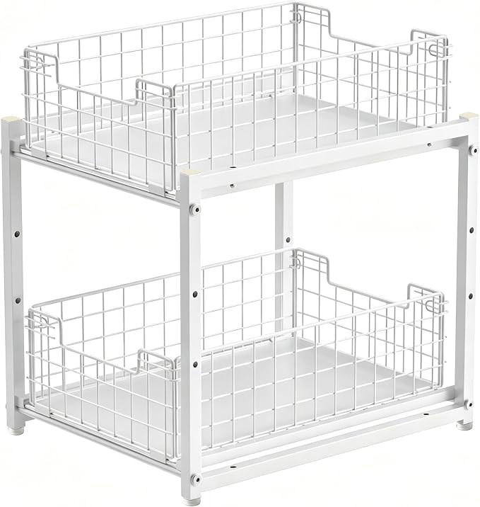 Under Sink Organizer, 2-Tier Pull Out Cabinet Organizer, Kitchen Bathroom Organizer and Storage, Spice Rack for Kitchen, Multi-use Sliding Drawers Shelves (1, white)