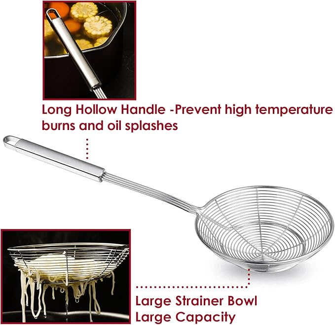 KEISSCO Stainless Steel Spider Strainer Skimmer Spoon For Frying and Cooking - Set of 3 Solid Wire Asian Strainer Ladle Pasta Strainer with Long Handle, Professional Kitchen Skimmer Ladle