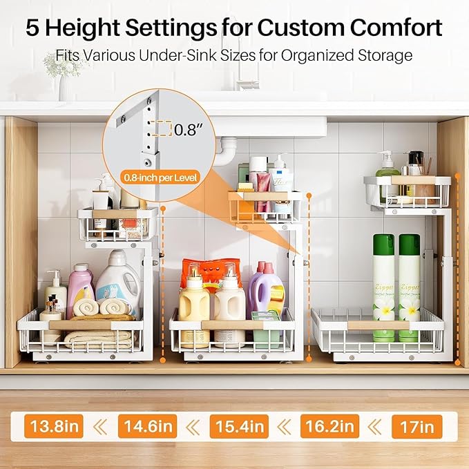 PXRACK Under Sink Organizer, Adjustable Height, 2 Tier Pull Out Under Cabinet Organizer, Slide Out Thickened Metal Under Sink Storage for Kitchen Bathroom Laundry Pantry Cabinet, White, Small-2-Pack