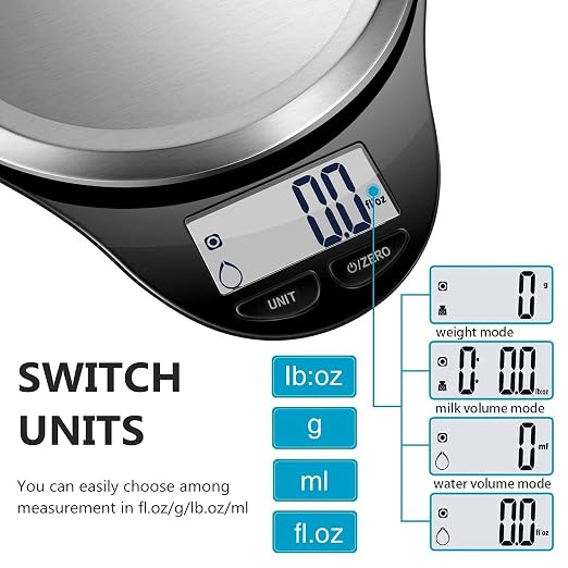 Food Scale, NUTRI FIT Digital Kitchen Scale Weight Grams and Ounces for Weight Loss, Accurate Cooking Baking Scale LCD Display Max 11lb 1g Increment with Wide Stainless Steel Platfrom, Black