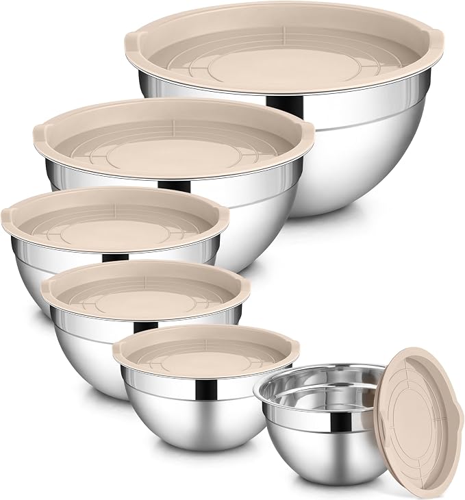 LIANYU 6 PCS Mixing Bowls with Lid Set, Size 7 & 3.5 & 2.5 & 2 & 1.5 & 1QT | Stainless Steel Cooking Serving Bowls, Kitchen Metal Nesting Bowl for Prepping & Food Storage, Dishwasher Safe, Khaki