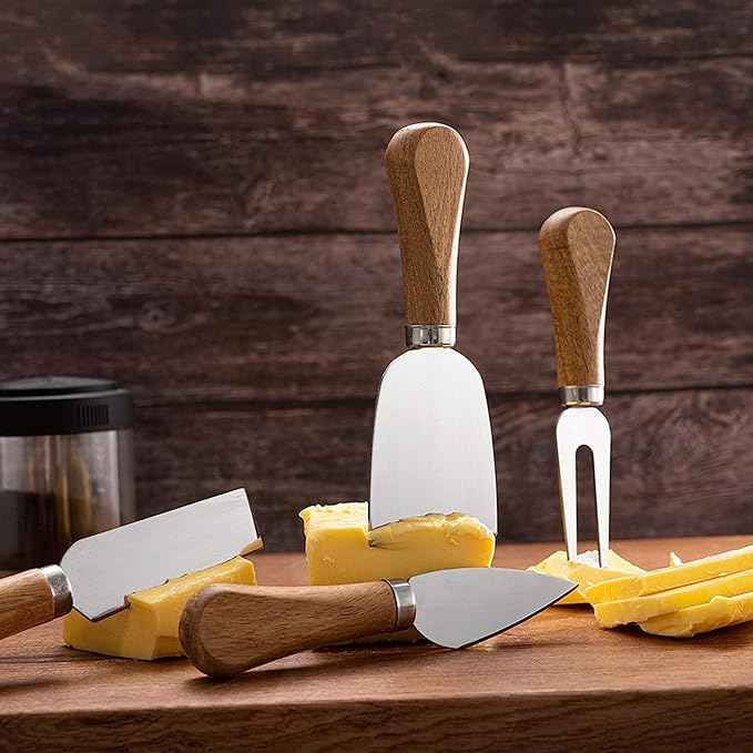 Cheese Knives 6 Set with Wooden Handle, Mini Steel Stainless Cheese knife set for Charcuterie and Cheese spread Mini Serving Tongs Spoons Forks Toothpick Flags for party Wedding Christmas