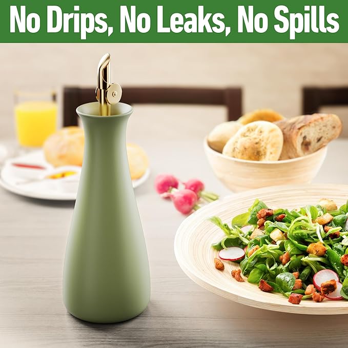 Ceramic Olive Oil Dispenser with Self-Closing Gold Spout, 530mL, Leakproof | Leak Proof EVOO Dispensing Bottle, Stainless Steel Self-Closing Spout, Ergonomic, Durable, Easy Pour, Stylish, 530mL Capacity
