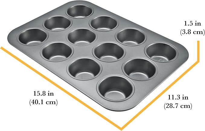 Chicago Metallic Commercial II Non-Stick 12-Cup Muffin Pan. Make muffins, cupcakes, mini quiches, egg cups, and more, 15.8 L x 11.3 W x 1.5 H;