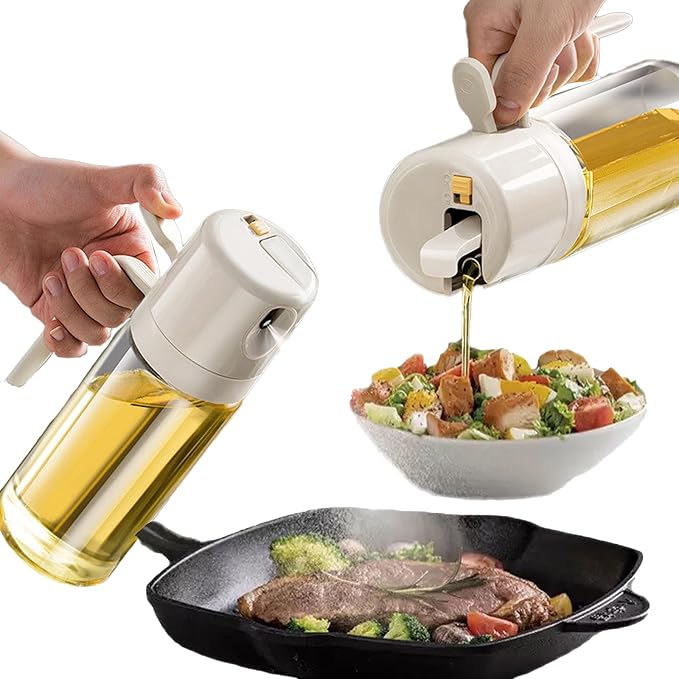 Olive Oil Sprayer 2 in 1 Olive Oil Dispenser 550ml / 19.4Oz Oil Bottle with Fine Mist Nozzle - Oil Sprayer for Cooking, Kitchen, Salad, Barbecue Warm Gray