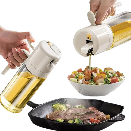 Olive Oil Sprayer 2 in 1 Olive Oil Dispenser 550ml / 19.4Oz Oil Bottle with Fine Mist Nozzle - Oil Sprayer for Cooking, Kitchen, Salad, Barbecue Warm Gray