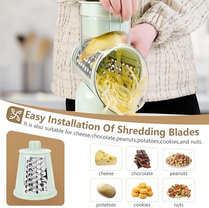 Rotary Cheese Grater with Handle Vegetable Shredder with 5 Interchangeable Blades, Kitchen Food Slicer and Chopper with Strong Suction Base for Fruit Vegetables Nuts with Blade Storage Box (Green)