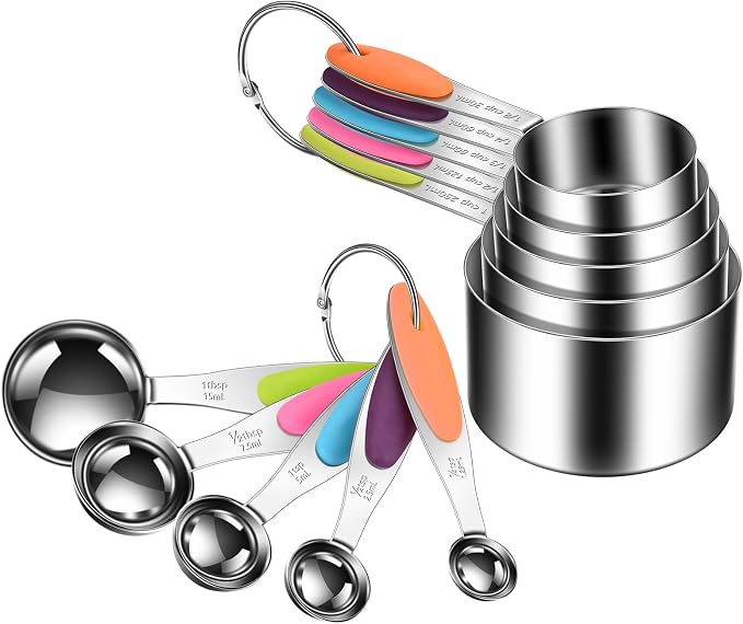 10-Piece Measuring Cups and Spoons Set, 304 Stainless Steel with Color-Coded Handles, Engraved Markings Never Fade, Plastic Free, Dishwasher Safe, Includes 1/8 Cup & 1/4 Tsp
