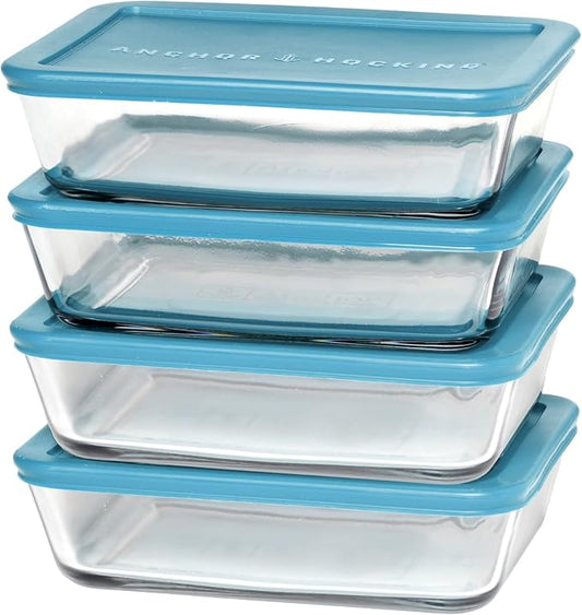 Anchor Hocking SnugFitTM Rectangular Food Storage Containers with Lids (4-Piece, 6-cup, Teal, oven-safe)