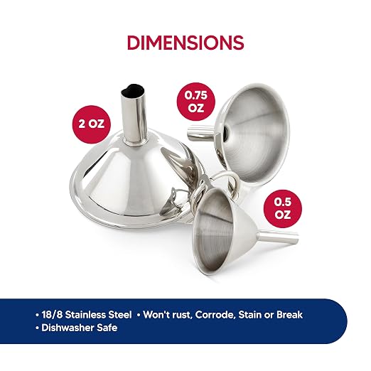 HIC Kitchen Condiment Funnels, Set of 3, 0.5-Ounces, 0.75-Ounces, and 2-Ounce Capacities