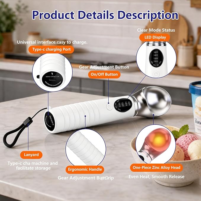 Heated Ice Cream Scoop Rechargeable, Electric Ice Cream Scooper with 4 Temp Modes & LED Display, Heats up to 160°F for Rock-Hard Ice Cream, IPX7 Waterproof Kitchen Gadget for Seniors & Kids (White)