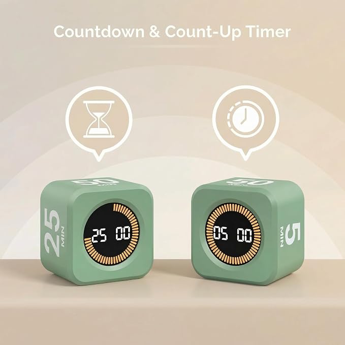 KADAMS Pomodoro Cube Timer Productivity Visual Timer - 5/10/25/50 Min Rotating Countdown (1, Green)