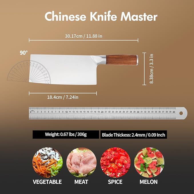 SHI BA ZI ZUO 7 Inches Stainless Steel Meat and Vegetable Cleaver Knife with Ergonomic and Sturdy Wooden Handle