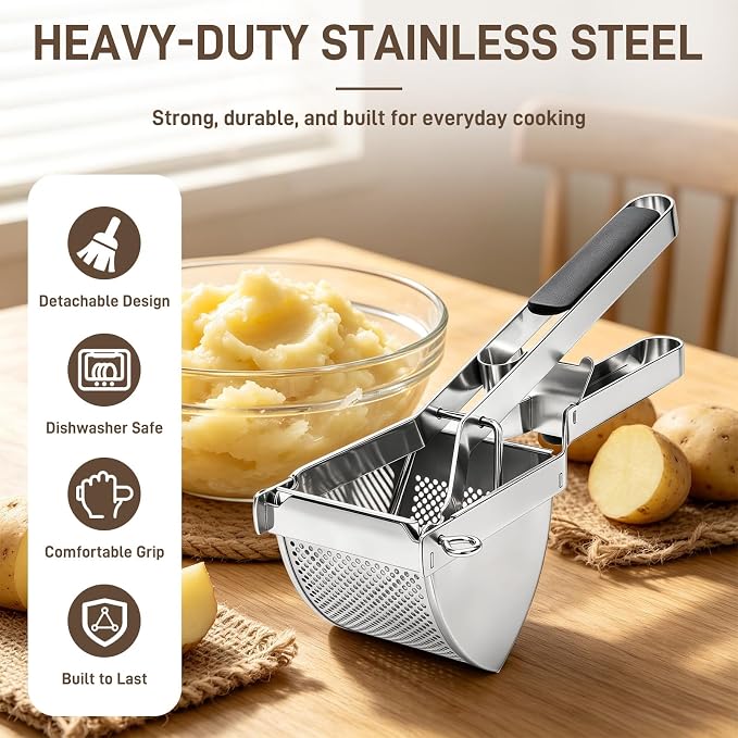 22oz Potato Ricer - Stainless Steel Heavy Duty Potato Masher | Ergonomic Handles, Stainless Steel, Dishwasher Safe, Sweet Potatoes,Vegetables