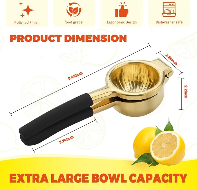 SHIKORI Lemon Squeezer, Large Heavy Duty Handhelp Juicer for Lemon, Stainless Steel Hand Press Citrus Juicer, Lime Squeezer Bar Tool, Manual Citrus Press (Gold & Black)