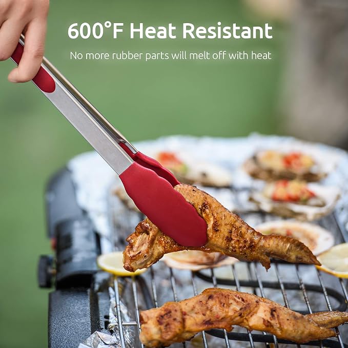 Kitchen Tongs, U-Taste 7/9/12 inches Cooking Tongs, with 600ºF High Heat-Resistant Non-Stick Silicone Tips, 18/8 Stainless Steel Handle, for Food Grill, Salad, BBQ, Frying, Serving, Pack of 3(Red)