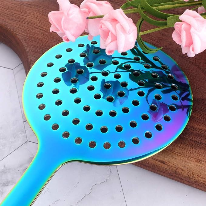Skimmer Spoon, BuyGo Kitchen Tool Slotted Spoon Stainless Steel Cooking Utensil Strainer Ladle with a Loop, Comfortable Grip Design Strainer Ladle for Kitchen, Rainbow