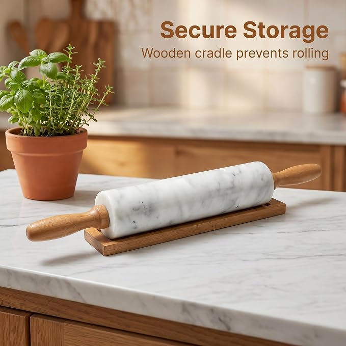 White Marble Rolling Pin for Baking 10inch Barrel，Dough Roller | With Wooden Handles & Wood Cradle, Non-Stick Dough Roller for Pizza, Pasta, Fondant, Pie Crust, Pastry & Cookies