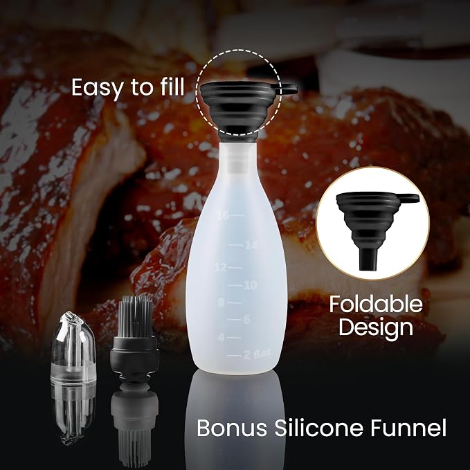 BBQ Sause Bottle with Basting Brush for Grilling，All-in-One Silicone Bottle with Brush Applicator, Heat Resistant BBQ Accessories and Cooking Gadgets, BPA-Free Oil Dispenser for Baking (Black)